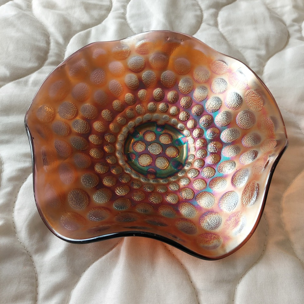 Vintage Carnival Glass Ruffled Bowl Marigold Iridescent Coin Spot 7 Inch